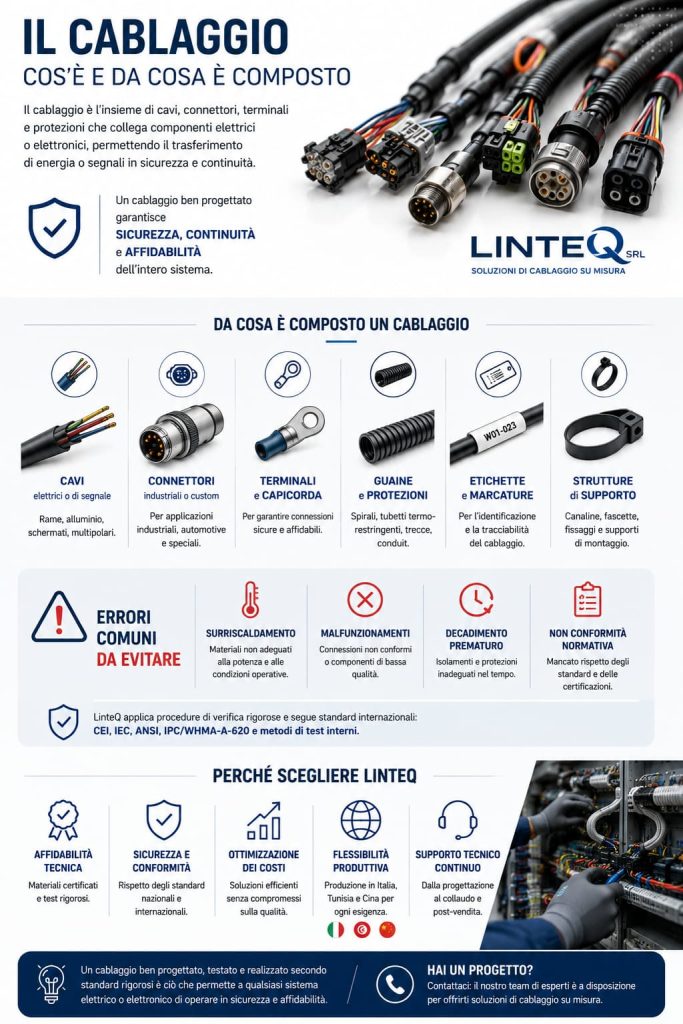 Infografica sul cablaggio industriale: componenti, protezioni, connettori e soluzioni LinteQ.
