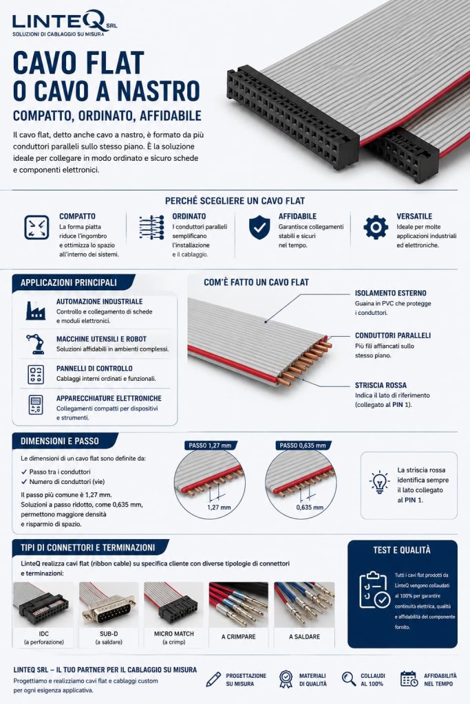 Infografica sul cavo flat o cavo a nastro: struttura, applicazioni industriali, connettori, passo 1,27 mm e 0,635 mm, test e qualità LinteQ